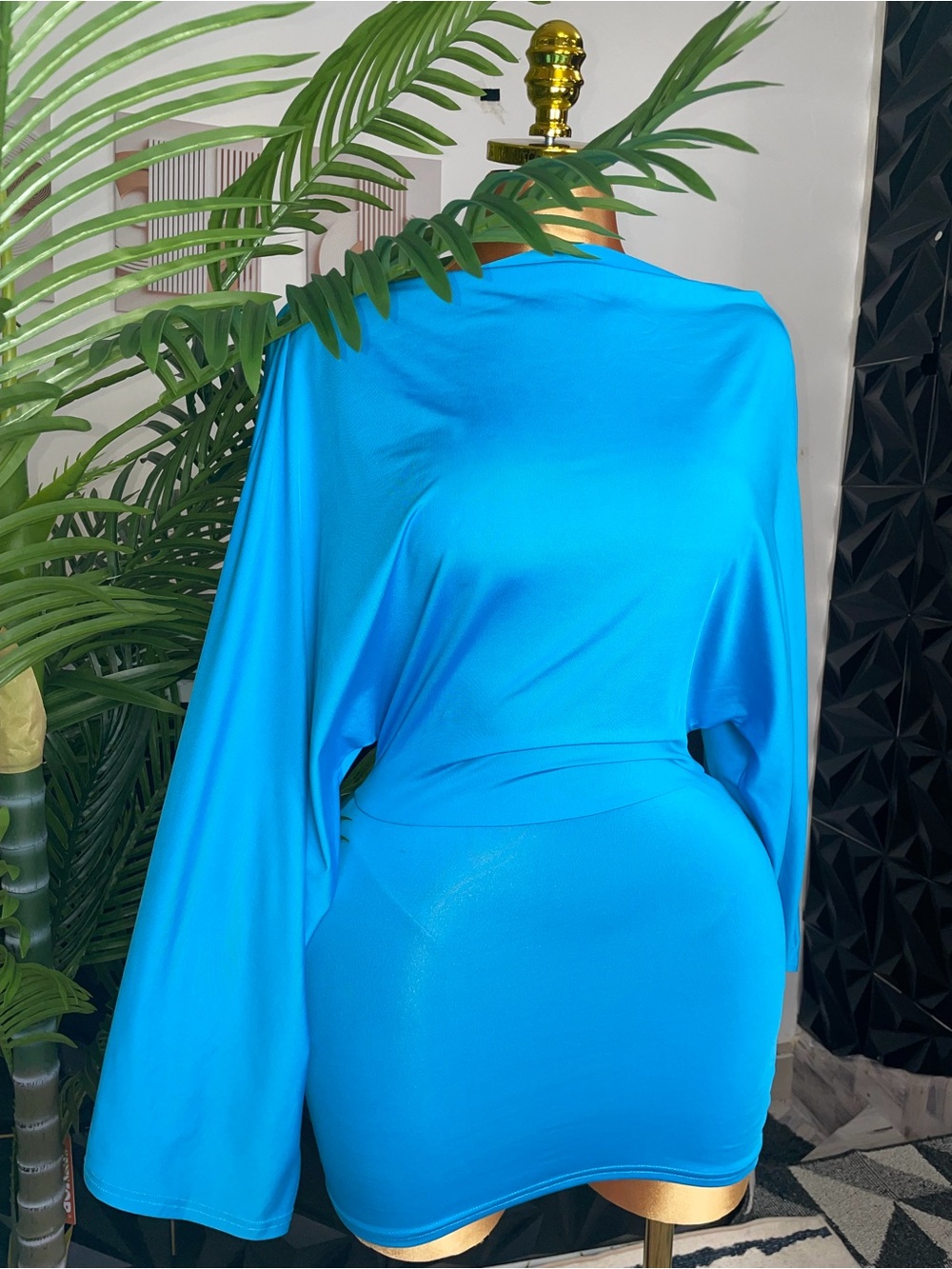 🔥👗Blue Long-Sleeve Bodycon Dress